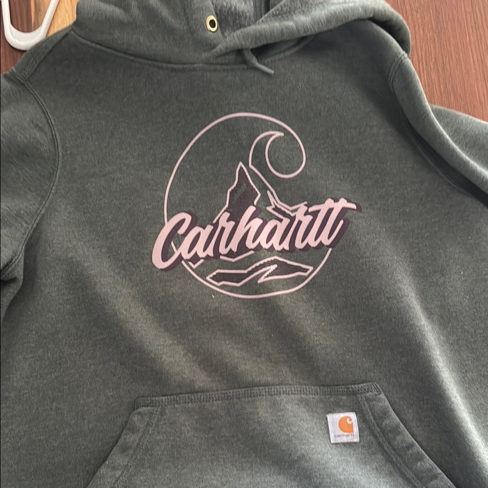 Carhartt Dark Green Hoodie with Pink Graphic
